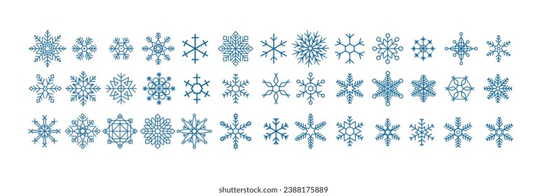 Establezca la colección de iconos de copos de nieve azules aislados en fondo blanco. Juego de copos de nieve. Conjunto de iconos de línea. colección de iconos de Navidad y Año Nuevo