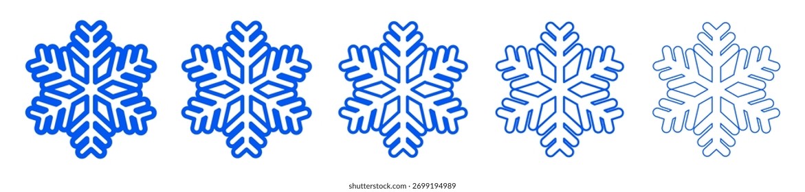 Set of blue snowflake icons drawn with different line thicknesses. Vector illustration showing winter symbols in clean outline style.