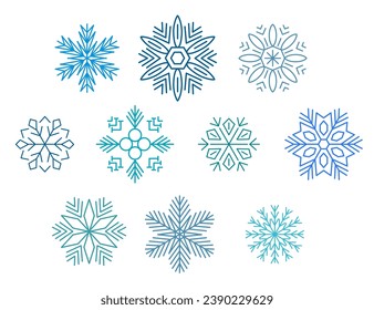 Set blue snowflake line icons, ice crystal snowflakes, different snowflakes isolated on white background, snow crystals - stock vector
