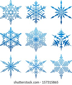 Set of blue snowflake shapes. Christmas icons. Vector illustration. 