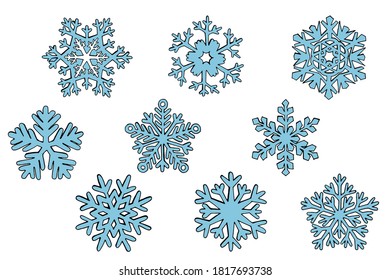 Set of blue snowflakes in doodle stile. Simple flat illustration on white background.Winter holidays