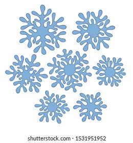 A set of blue snowflakes. Drawing in a doodle. Illustration by hand.