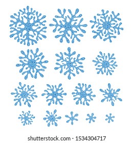 A set of blue snowflakes. Drawing in a doodle. Illustration by hand.
