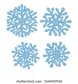 A set of blue snowflakes. Drawing in a doodle. Illustration by hand.