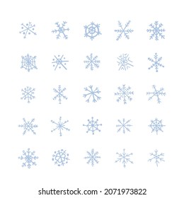 Juego de copos de nieve azules. Dibujando en un doodle. Ilustración vectorial a mano.