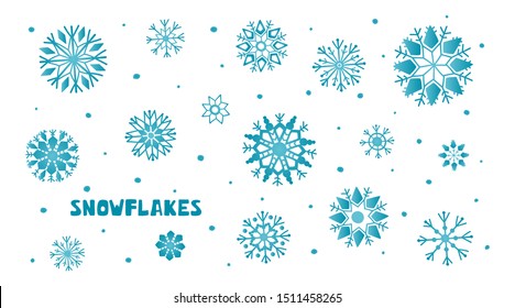 Set of blue snowflakes in hand drawn style isolated on white background. Snowflake icons. Vector.