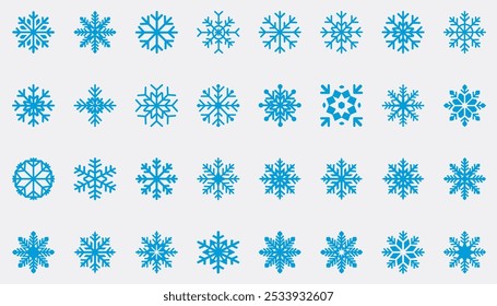 Conjunto de copos de nieve azul aislado sobre fondo blanco. 