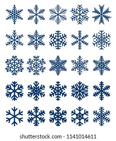 Set of blue snowflakes on white background