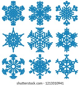 Set of blue snowflakes on a white background. New Year and Christmas decorations. Vector illustration.