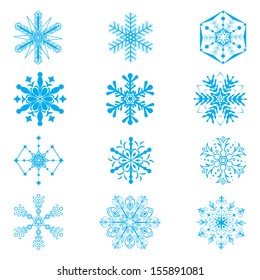Set of blue snowflakes on white background