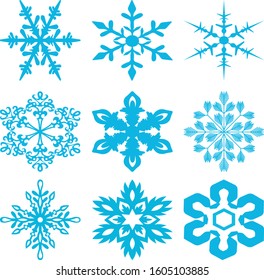 Set of blue snowflakes on a white background. Snowflakes for decoration of Christmas and New Year's cards.