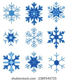 Conjunto de copos de nieve azules sobre un fondo blanco. Ilustración vectorial simple. Pegatinas de invierno.