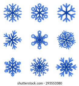 Set of blue snowflakes on a white background 