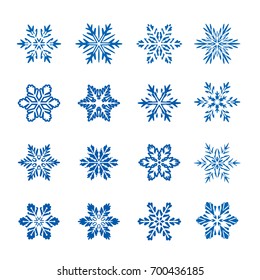 Set of blue snowflakes on white background. Vector isolated icons. Winter stars and Christmas decoration.