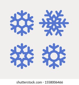 Set of blue snowflakes of various shapes. Design element for New Year cards, banners, posters, packaging and wrapping paper. Vector seasonal illustration on a light isolated background.