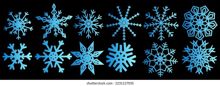 Conjunto de copos de nieve azules de varias formas con un degradado sobre un fondo negro. Elementos gráficos vectoriales para el diseño de postales, embalajes, logotipos, banners. concepto de invierno, Navidad, Año Nuevo, 