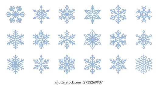 Um conjunto de flocos de neve azuis de várias formas. Uma coleção de esboços em flocos de neve. Ícones de inverno em um fundo branco. Ilustração vetorial, padrão.