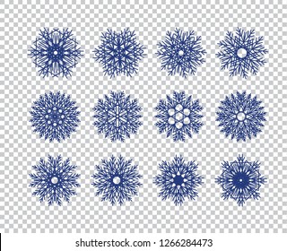 Set of blue snowflakes vector icon on transparent