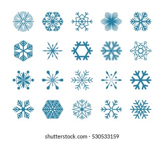 Set blue snowflakes vector illustration icons isolated on white background.