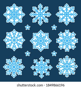A set of blue snowflakes with a white outline on a blue background, snowflakes stickers .