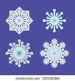 Set of blue snowflakes for winter design on the blue background