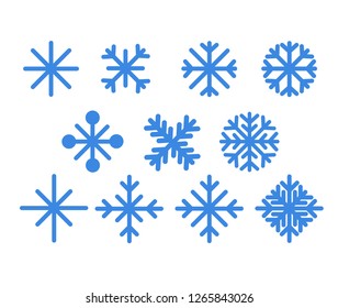 Set of blue snowflakes.Christmas design vector icons isolated on white background. Snowflake silhouettes. Symbol of snow, holiday, cold weather, frost. Winter design element.Vector illustration