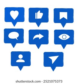 Set of blue Social media button, Message, like, send, save icon . Follow, heart, comment, share app interface with transparency details