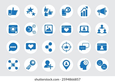 Set of blue social media and marketing icons with a round background. Includes like, share, comment, analytics, and networking symbols. Perfect for websites, apps, and digital branding.