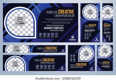 Set of Blue social media, Web banners templates, Coverpage Standard sizes with space. Vector illustration