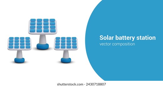 Set of blue solar panels on stand. Solar battery farm. Modern equipment