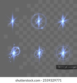 Set blue sparkles, glowing light effect with white circles, stars. Vector illustration isolated on transparent. Holiday Light Rays for card, party, design, flyer, poster, banner, web, advertising