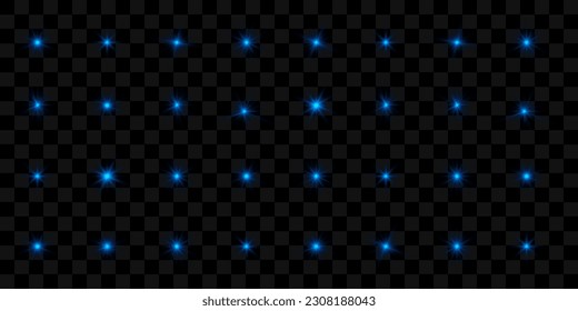 Set of blue sparks isolated. Vector glowing stars. Glare of light and glitter.