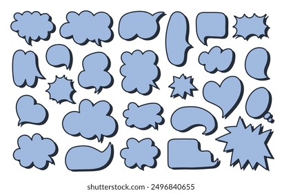 Satz blauer Sprechblasen einzeln auf weißem Hintergrund. Zeichentrickballon-Wortdesign. Vektorgrafik