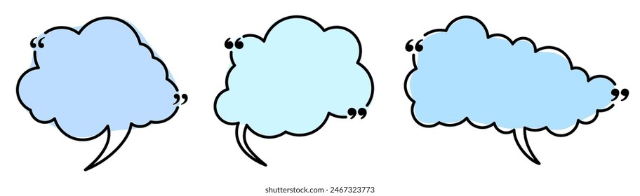 A set of blue speech bubbles with quotation marks in various shapes and shades. Ideal for highlighting quotes, messages, and dialogues in creative projects and presentations.