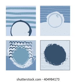 Set of blue square cards, handdrawn, decorated with liquid ink brush splashes, blots, stripes, strokes and spots. Isolated on background vector branding illustration, stylish, with imperfect parts