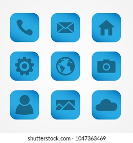 Set of blue square icons for mobile devices. Vector icons for applications.