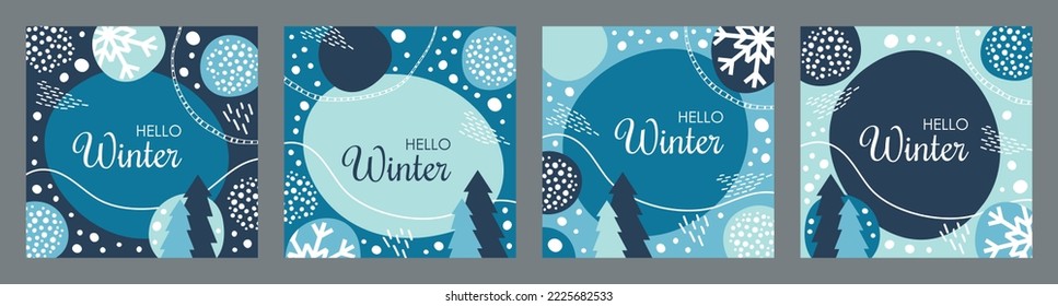set of blue square winter christmas cards printable and for social media stories, collection of abstract blue templates with snow and fir trees