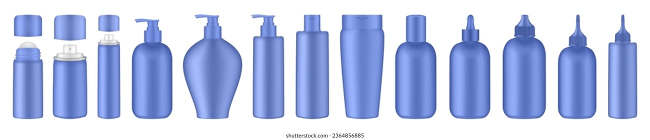 Set of blue squeeze bottles. Bottles with pump, dispenser. Korean packaging. Lotion or shower gel. Deodorant roll-on. Hair spray, air freshener container, mockup of aerosol. Squeeze bottles. Dropper - Shutterstock ID 2364856885