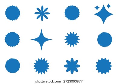 Conjunto de etiquetas de forma de ráfaga de estrella azul para el Precio. Etiqueta engomada del círculo. Insignias de promoción de borde ondulado. Colección de pegatinas de venta en blanco. Iconos del vector de la estrella