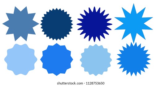Set of blue starburst stamps on white background. Badges and labels various shapes.  Vector illustration