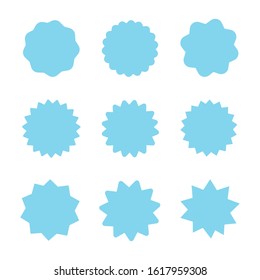 Set of blue starburst stamps on white background. 