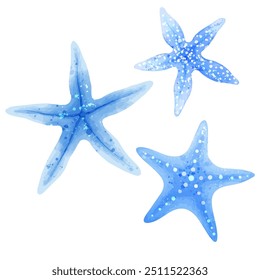 Set of blue starfish. Vector set of illustrations of sea animals in watercolor style isolated on white