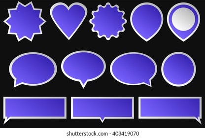 Set of blue stickers isolated on dark background. Various shapes of a blue stickers.