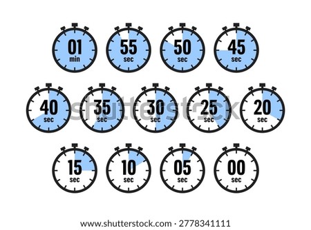 Set of Blue Stopwatch Timer Icons in Seconds Vector
