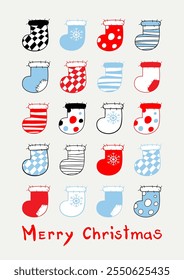 Set of blue, striped red and white Christmas stockings. Merry Christmas and Happy New Year greeting card and posters in Trendy Colors. Winter holiday vector illustration.values)