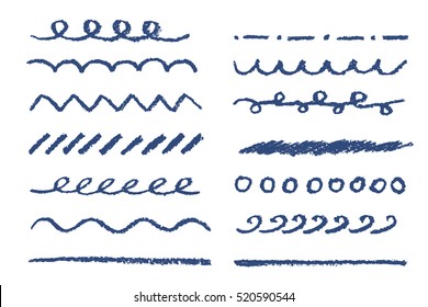 Set Of Blue Stripes Isolated On White. Child's Drawing Of Stripes Isolated On White. Pastel Chalk Crayon Hand Drawn Design Elements, Vector.