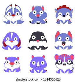 Set of blue stylized animals isolated on a white background.