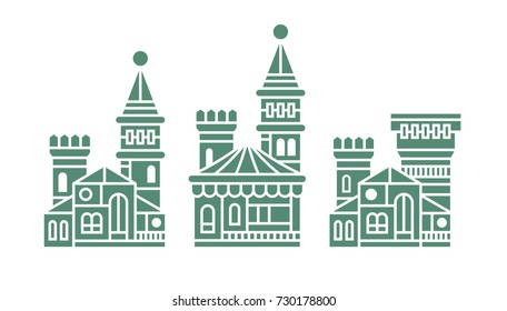 Set of blue stylized medieval castles, palaces, temples. Flat style. Vector illustration. Isolated.