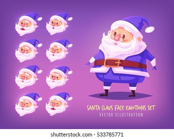 Set of blue suit Santa Claus face emotions icons Cute cartoon faces collection Merry Christmas vector illustration