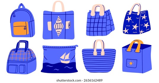 Set of blue summer different bags and backpack for traveling and storing things. Vector clipart